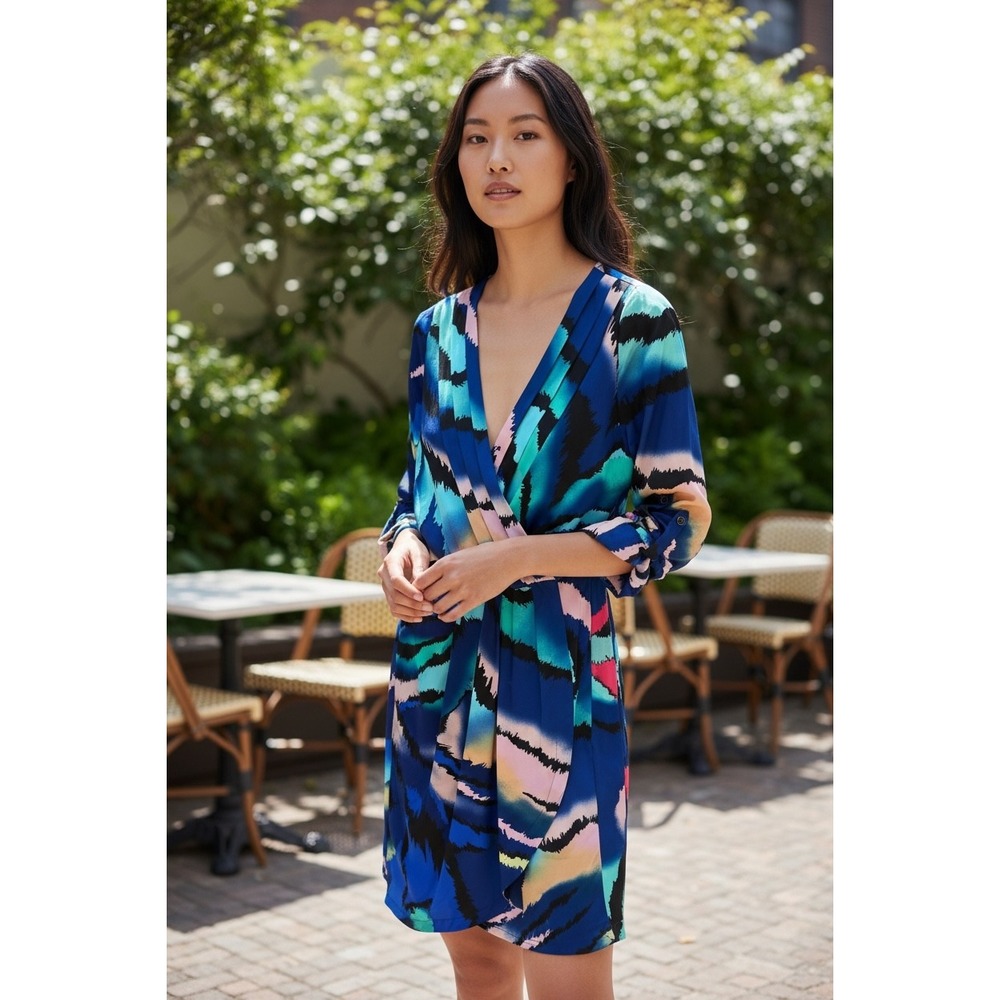 Yumi Kim 100% Silk Abstract Print Wrap Dress Blue Pink Roll Tab Sleeve Small